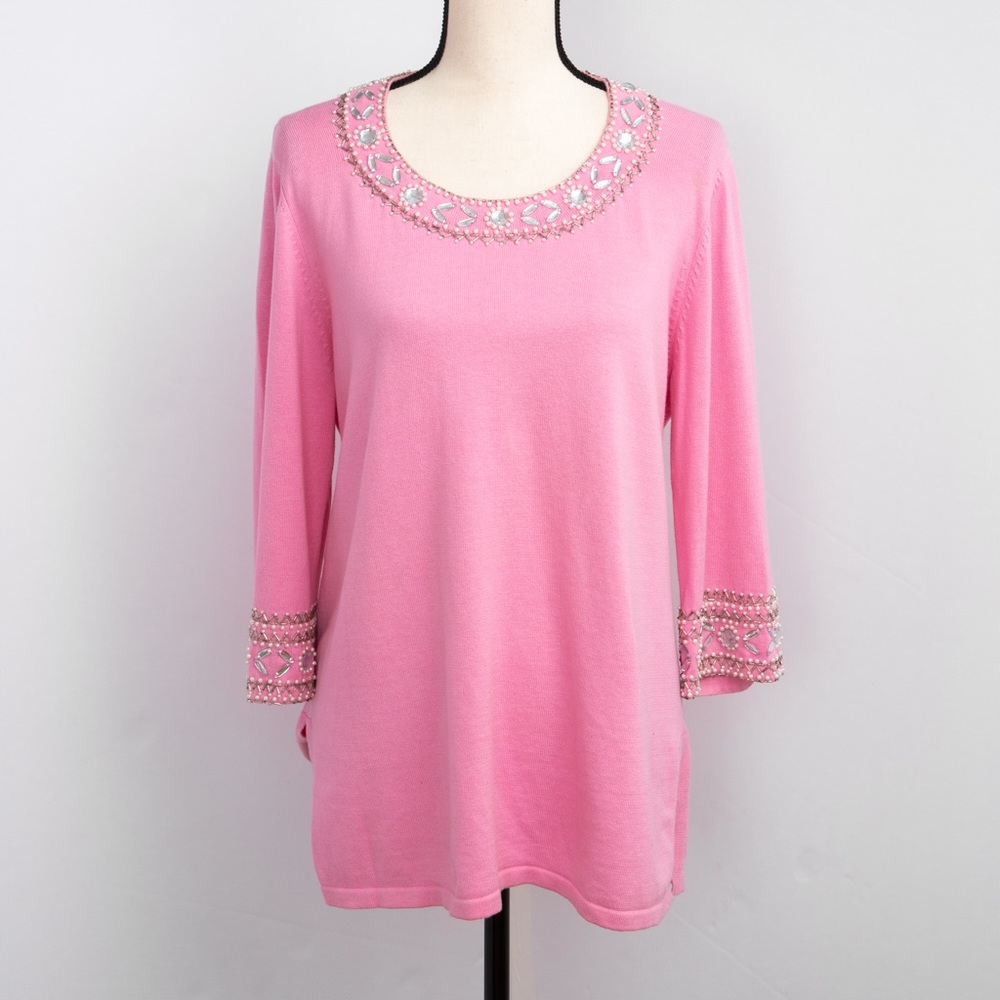 Summer sweater embellished sweater pink Bob Mackie rhinestone & pearl M